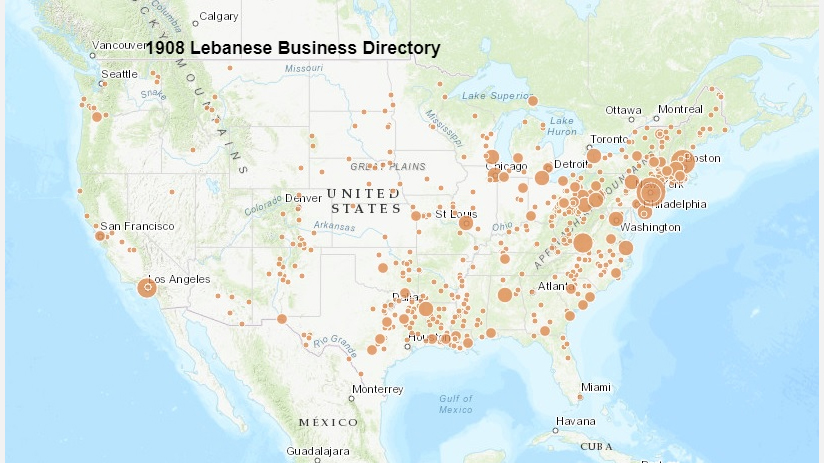 Map of Lebanese business in US in 1908
